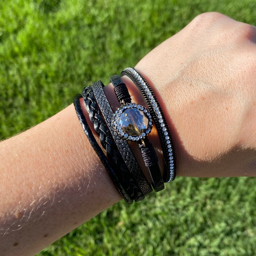 Black Bracelet Stone Strappy Leather Cuff Rhinestone Glam Cowgirl Jewelry Boho